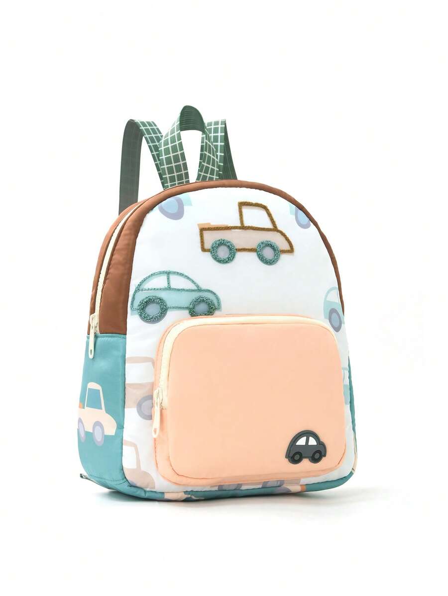1pc Cute Car Embroidery Backpack, Lightweight Children School Bag, Cartoon Design, Perfect For Daily Outings, Kindergarten, Preschool And Family Trips - Multicolor - View 1
