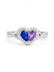 This Customized Heart-Shaped Birthstone Ring Features A Double Half-Heart Design, Symbolizing A Deep And Unbreakable Bond, Representing Your Consistent Heartbeat And Walking Together Through The Four Seasons Of Life. - Multicolor - View 5