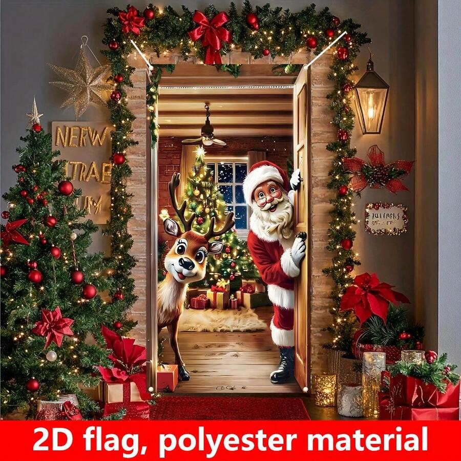 1pc Santa Claus Elk Wooden Door Vertical Panel Banner, Made Of Polyester Material, Suitable For Christmas Parties, Holiday Gatherings, Door/Porch, Birthday, Winter Activities, Outdoor/Indoor Outdoor, Garden Decoration, Universal Theme. - A - View 1