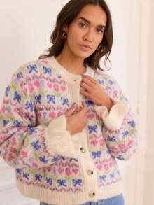 Women's Comfortable Plush Knit Cardigan, Pink Floral With Blue Bow Pattern, Long Sleeve Round Neck Button Front Sweater Top - Apricot - View 2