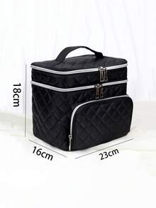 Large Capacity Quilted Makeup Bag With Handle And Zipper - Multi-Functional Double Layer Travel Cosmetic Organizer, Black Fabric With Embroidered Woven Pattern And Silver Zipper, Large Size Makeup Bag, Compartmentalized Storage, Convenient And Tidy - Black - View 5