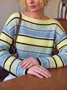 Women Fall Winter Color Block Striped Knit Sweater, Boat Neck Long Sleeve Loose Drop Shoulder Pullover For Daily, Date & Street Wear - Multicolor - View 5