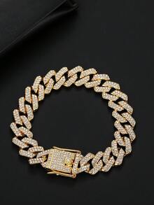 2pcs/Set Men's Hip Hop Accessories, Full Rhinestone Encrusted Gold & Silver Necklace And Bracelet, Suitable For Wedding, Party, And Daily Wear - Rhinestone Cuban Two-piece Set - View 6