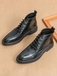 Men's Lace-Up High-Top Dress Boots, Pointed Toe Ankle Boots For Commuting, Business, Urban Style, Daily Wear, Casual, Versatile, Travel And Hiking - Black - View 3