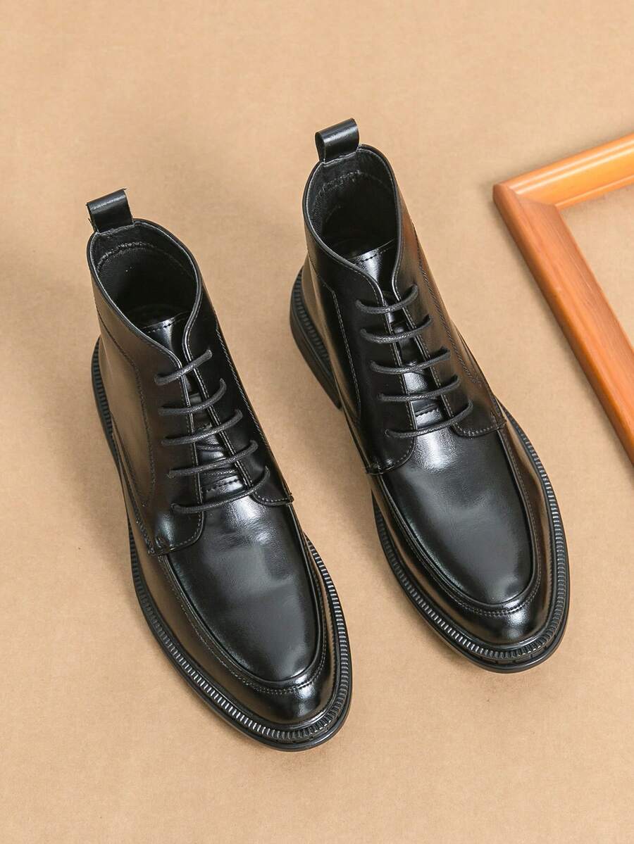 Men's Lace-Up High-Top Dress Boots, Pointed Toe Ankle Boots For Commuting, Business, Urban Style, Daily Wear, Casual, Versatile, Travel And Hiking - Black - View 1