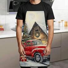 1pc Christmas Watercolor Vintage Red Pickup Truck Print Apron, Red Pickup Truck Parked In Front Of Wooden Cabin, Truck Bed And Snow Field Decorated With Gift Boxes, Snowy Christmas Tree With Colorful Ball Lights Beside - Durable Cooking Apron Suitable For Bakers, Cake Decorators, BBQ Enthusiasts, Gardeners, Painters, Nail Artists - Perfect Gift For Home And Professional Chefs - Multicolor - View 4