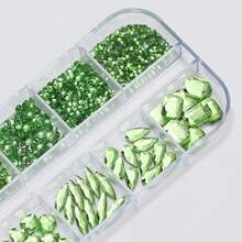 1 Grid Multi-Shape 3D Flatback Nail Rhinestones, Nail Gemstone Glass Crystal Ornament Tool Kit Nail Charm Diamonds, For DIY Craft, Clothes, Nail Art Craft Decoration - Green - View 3