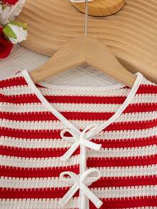 Girls' Casual Fashion Striped Bow Design V-Neck Cardigan Long Sleeve Top And Straight Leg Striped Pants 2-Piece Set, Spring/Autumn - Red - View 3