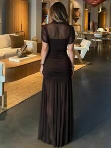 Solid Color Elegant Sexy Party Mesh Ruffle Splice Pleated Hem Dress, Suitable For Beach, Evening Date, Wedding, Birthday Party, Spring/Summer Brown, Boho - Brown - View 6