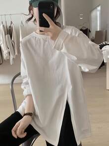 Korean Minimalist Style Solid Color Split Hem Long Sleeve T-Shirt Women Loose Fit Casual Layering Base Layer - White - View 1