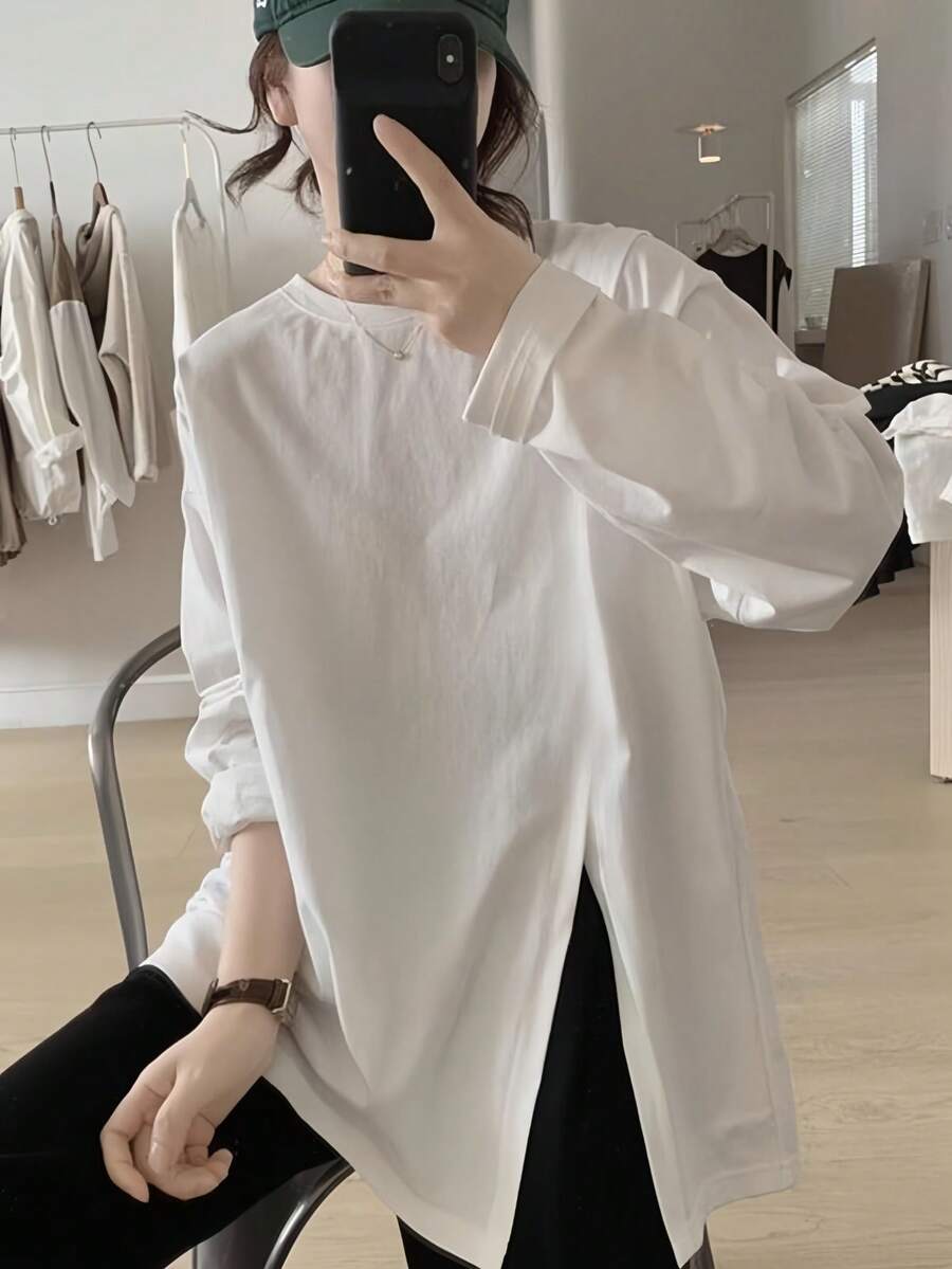 Korean Minimalist Style Solid Color Split Hem Long Sleeve T-Shirt Women Loose Fit Casual Layering Base Layer - White - View 1