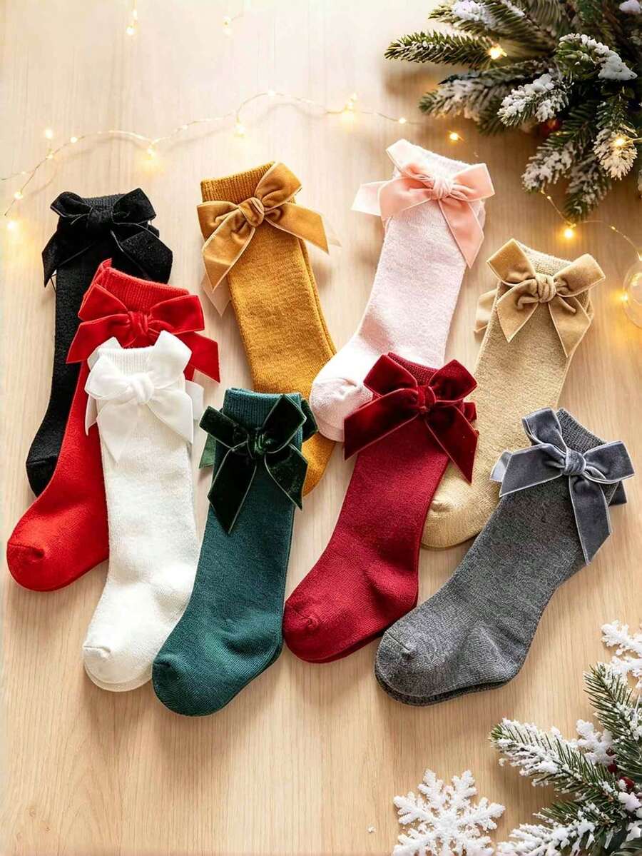 1 Pair/2 Pairs Christmas Red Socks, New Girls' Bow Mid-Calf Socks ...