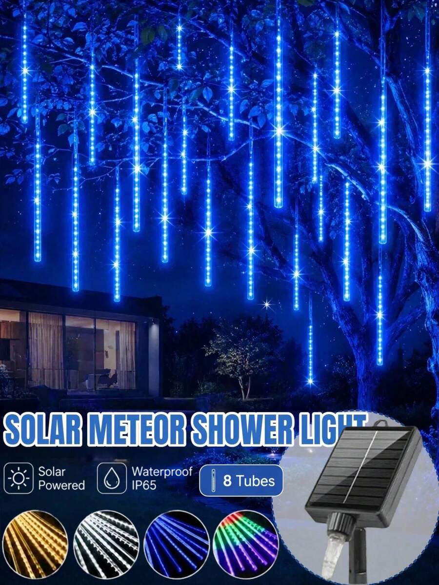 Lampu Hias LED Tenaga Surya Bentuk Hujan Meteor - 8 Tabung, 30CM/192LED, 45CM/288LED, Lampu Hias Tahan Air Bentuk Hujan, Cocok untuk Taman, Halaman, Pesta, Berkemah, Atap, Natal, Pagar, Pernikahan, Dekorasi Musim Gugur, Lampu Dekorasi Gantung untuk Suasana