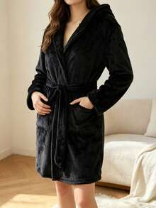 1pc Women Solid Color Hooded Waist Tie Plush Sleepwear Robe, Comfortable And Warm For Autumn/Winter, Fall - Black - View 3