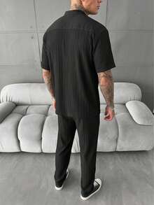 YUNCHIC Summer Ice Silk Textured Black Stand Collar Short Sleeve Set Men's Thin Breathable Casual 2 Pieces Outfit Vacation Commute Drape Long Pants - Black - View 3