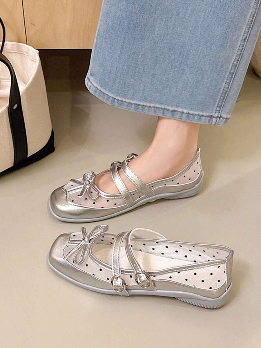 Women's Breathable Square Toe Thick Sole Mary Jane Shoes, Double Buckle Bow, Silver Sweet Cool Girl Spring Summer Versatile Shoes - Silver - View 1