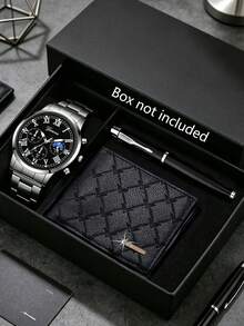 3PCS/1PC-Watch Optional Men's Silver Case Black Dial Wristwatch Set, Silver Metal Band, Light Luxury Style, Round Black Dial Roman Numeral Men's Luxury Watch, Paired With Diamond Quilted Men's Wallet And Business Pen, High-End Men's Accessories, Suitable For Summer Wear, Can Be Given As Father's Day, Valentine's Day, Birthday Gift, Luxury Gift For Boyfriend, Son, Adult Men. Gift Box Not Included. - Silver - View 7
