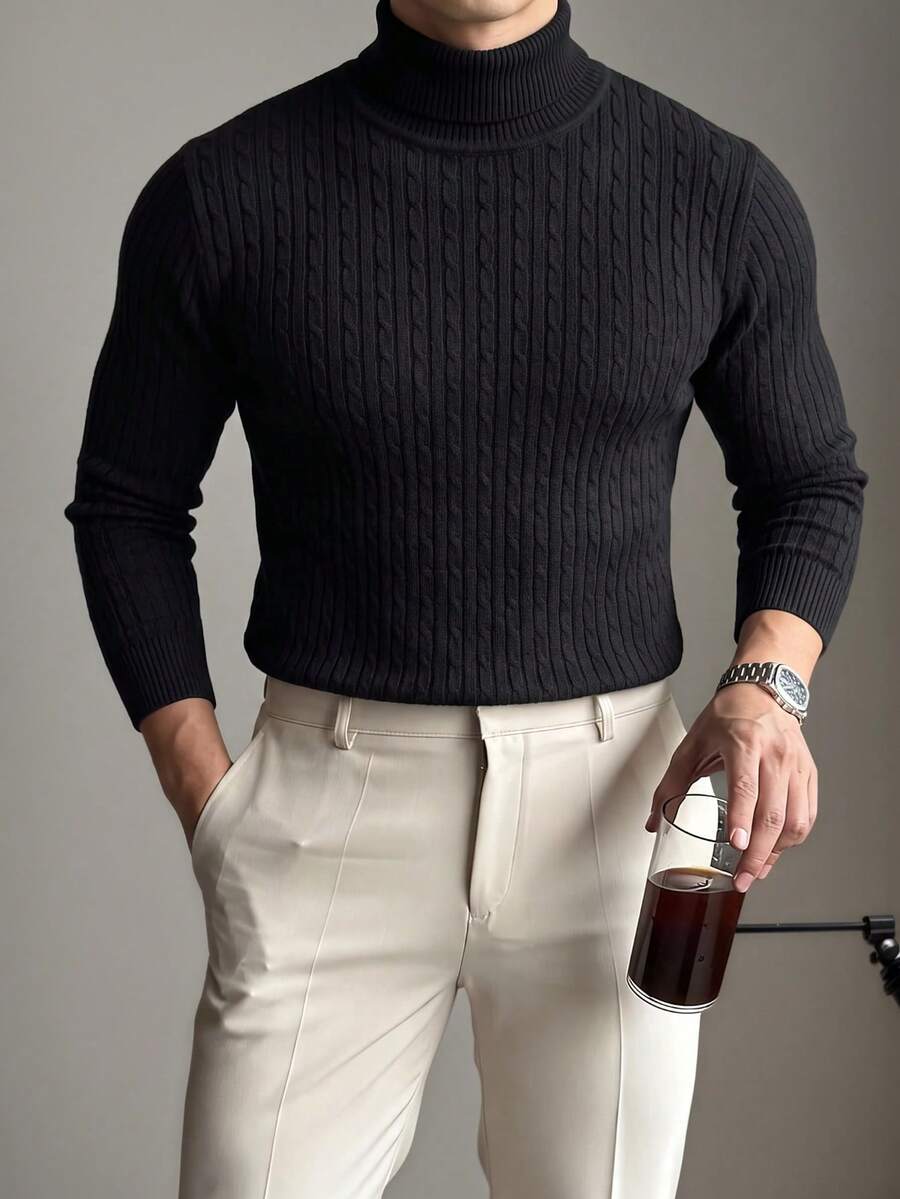 Men's Vintage Ribbed Cable Knit Turtleneck Sweater, Solid Black, Business Casual, Autumn/Winter Knit Inner Layer Base Top - Black - View 1
