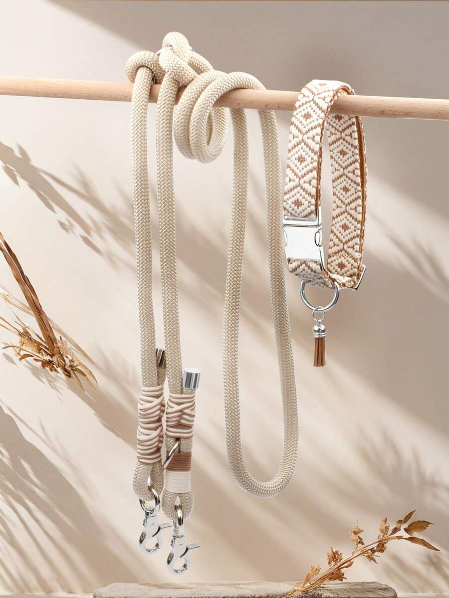 1pc Bohemian Style Dog Collar & Leash Set, Soft Adjustable Collar For Small Medium Large Dogs, Multi-Functional Crossbody Running Leash With D-Ring And Tassel, Anti-Choke Anti-Escape Comfortable Pet Collar & Leash For Outdoor Walking - Multicolor - View 1