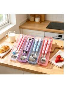 SANRIO 2Pcs Kawaii Character Dinner Utensils, Stainless Steel Spoon And Fork Set With Carry Case, Lovely Portable Tableware For School Picnic - Multicolor - View 2