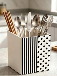 1pc Striped & Polka Dot Patchwork Pattern Multi-Function Storage Organizer Box - Tableware Storage Box, Desktop Organizer (Suitable For Storing Tableware, Straws, Tea Bags, Pens, Remote Controls); Compact & Space-Saving, Suitable For Kitchen, Office, Living Room - Multicolor - View 3