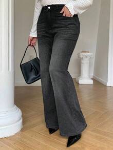 Plus Size Straight Leg Wide Leg Women's Jeans Solid Color Denim Washed Denim Wide Leg Straight Leg Jeans Daily All Season - Black - View 1