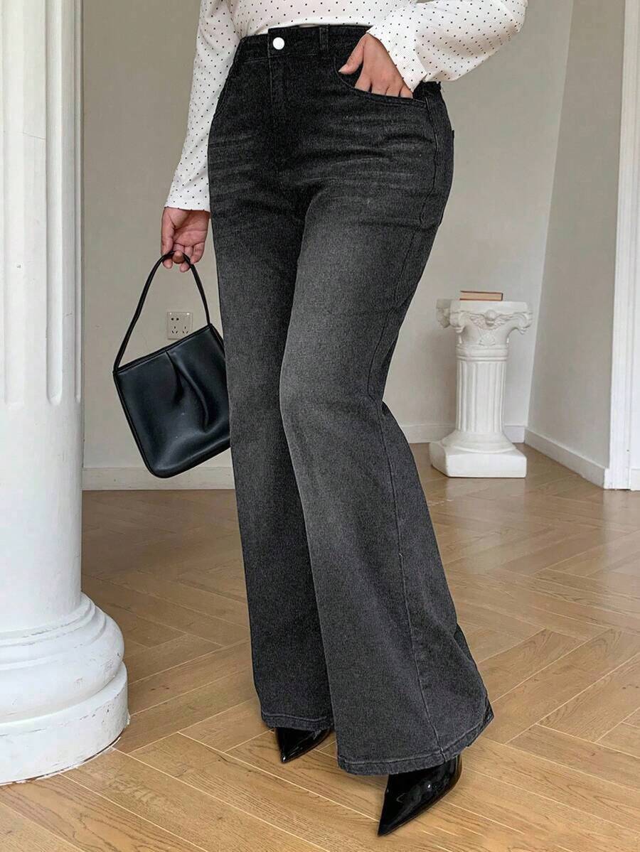 Plus Size Straight Leg Wide Leg Women's Jeans Solid Color Denim Washed Denim Wide Leg Straight Leg Jeans Daily All Season - Black - View 1
