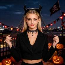 2pcs/Set Halloween Party Black Devil Horn Mesh Headband Dark Lace Veil Headband Gothic Bride Party Cosplay Costume Accessory Stage Performance Headpiece - Multicolor - View 5