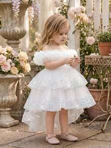 Baby Girls Sequin Mesh Cute Flower Girl Dress With Train, Suitable For Party, Birthday, Outing, Headband Not Included - White - View 3