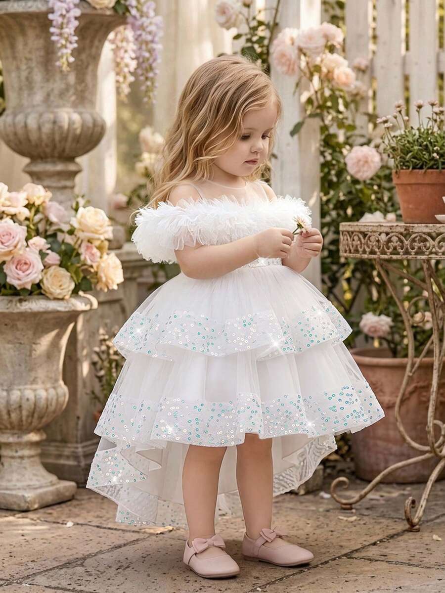 Baby Girls Sequin Mesh Cute Flower Girl Dress With Train, Suitable For Party, Birthday, Outing, Headband Not Included - White - View 1