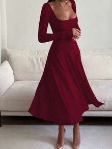 French Elegant Waist-Cinching High-Waisted Fitted Elegant Spaghetti Strap Square Neck Solid Color A-Line Midi Dress For Women - Burgundy - View 1