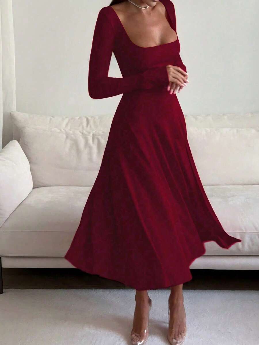 French Elegant Waist-Cinching High-Waisted Fitted Elegant Spaghetti Strap Square Neck Solid Color A-Line Midi Dress For Women - Burgundy - View 1