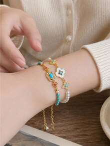 1pc Elegant Metal Beaded Bracelet With Pearl And Floral Pendant, Turquoise Accents, Versatile Daily Jewelry Gift For Women - Beaded Bracelet - View 2