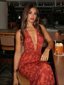 Gaun Maxi Halter Jala Bunga Merah Colysmo, Gaun Pesta Malam Formal Bodycon Tanpa Punggung dengan Leher Kerah dan Belahan Belakang untuk Pernikahan dan Pesta Koktail untuk Wanita - Merah - View 2