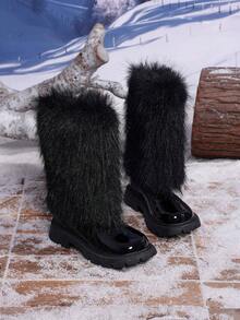 1 Pair New Autumn/Winter Fluffy Long Fur Decor Warm Comfortable Round Toe Mid-Calf Back Zipper Design Classic Children's Boots - Black - View 1
