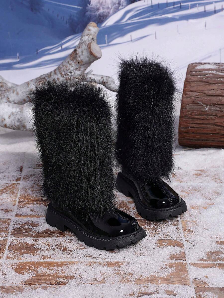 1 Pair New Autumn/Winter Fluffy Long Fur Decor Warm Comfortable Round Toe Mid-Calf Back Zipper Design Classic Children's Boots - Black - View 1