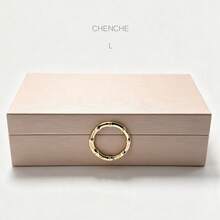 Set Of 2 Small & Large Ripple Textured PU Leather Jewelry Boxes With Gold Round Metal Handle, Luxury Cream White Lidded Accessory Organizer Storage Box For Bedroom Vanity Home Decor Gift - Baby Pink - View 12