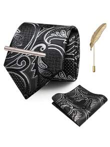 4‑Pcs Men Paisley Pattern Neck Tie Set, Jacquard Woven Necktie, Pocket Square, Tie Clip, Feather Lapel Pin For Wedding Business Formal Occasion - Multicolor - View 21