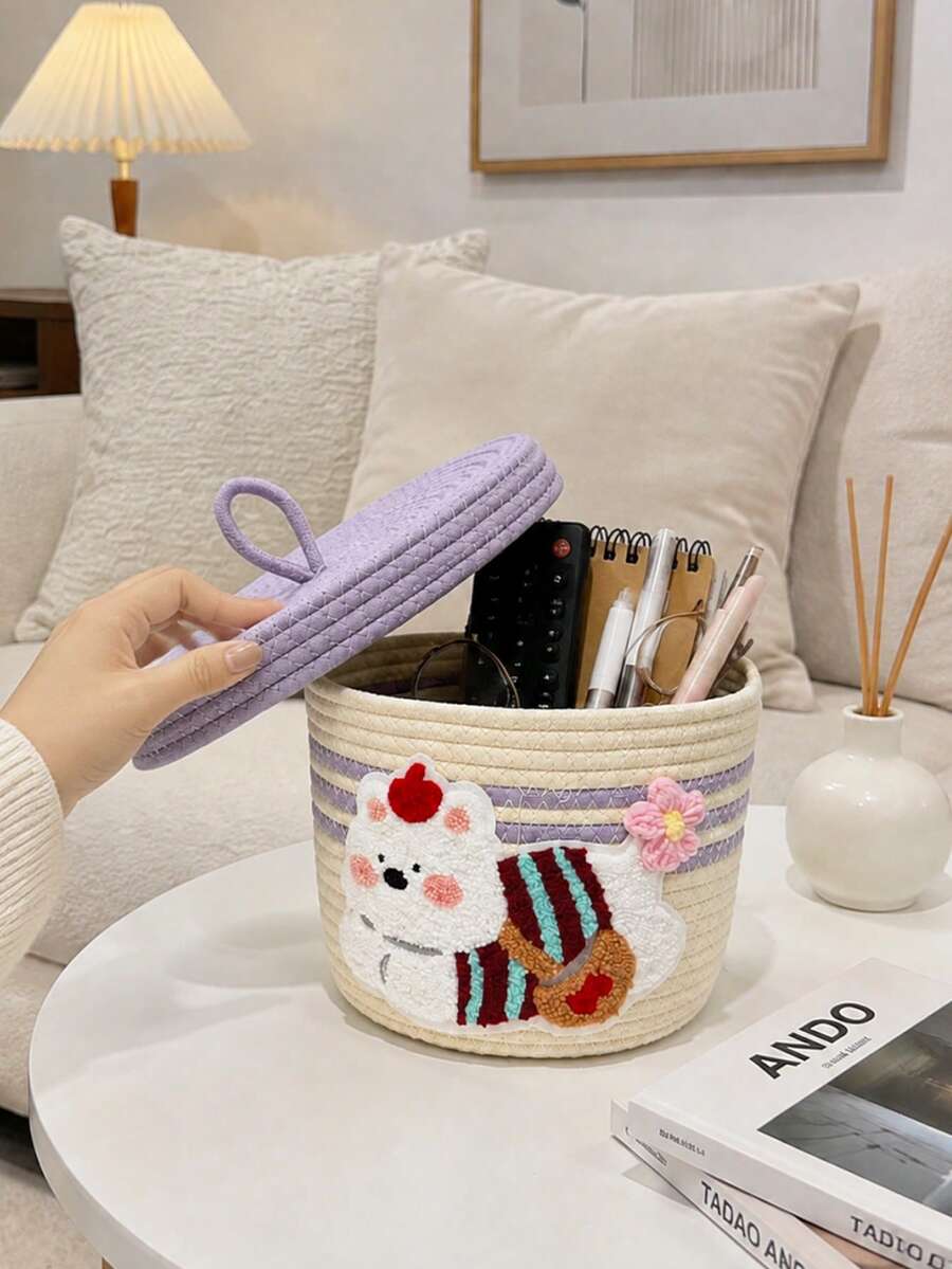 1 Piece Covered Desktop Miscellaneous Storage Basket, Dressing Table Skincare Product Storage, Cotton Rope Woven Home Storage Basket, Suitable For Bedrooms, Rentals, Desks, Can Store Clothes, Cosmetics, Toys, Snacks, Etc., A Choice For Holiday Gifts. - Multicolor - View 1