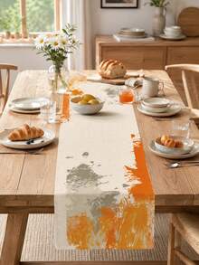 1PC Orange Gray Abstract Linen Table Runner, Modern Minimalist Brushstroke Print Table Runner, Farmhouse Rectangular Dining Table Centerpiece Decor For Kitchen Dining Room Coffee Table Wedding Party Holiday Home Decoration - Multicolor - View 3