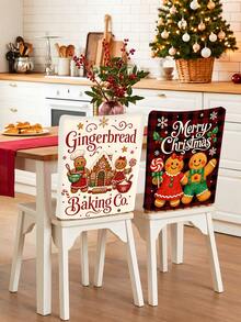 6Pcs Winter Christmas Chair Covers/Chair Back Covers, Black & Red Buffalo Plaid Style Chair Covers, Gingerbread Man, Christmas Tree, Gingerbread House Pattern Dining Chair Covers, Suitable For Home, Hotel And Kitchen Winter Holiday Seat Protection Covers - Multicolor - View 6