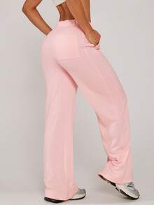 Women's Fall Winter Pink Loose Straight Leg Pants With Pockets Solid Casual Pants For Daily Date Wear - Pink - View 2