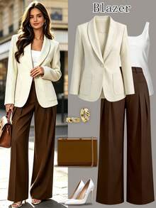 Eleganter Vintage Damen Blazer, Aprikot klassischer Ein-Knopf Langarm Lässig Anzugjacke, Slim Fit Pendler Büro Oberbekleidung, einfarbiger Revers Blazer, geeignet für tägliche Business Streetwear - Aprikosenfarben - Übersicht 1