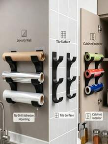 2pcs 3-Tier Wall-Mounted Kitchen Paper Towel Holder, No-Drill Adhesive Paper Towel Aluminum Foil Plastic Wrap Storage Rack, Multi-Function Storage Shelf, Suitable For Cabinet Doors, Tiles And Smooth Walls, Baking Paper, Aluminum Foil, Plastic Wrap Kitchen Accessories - Multicolor - View 7