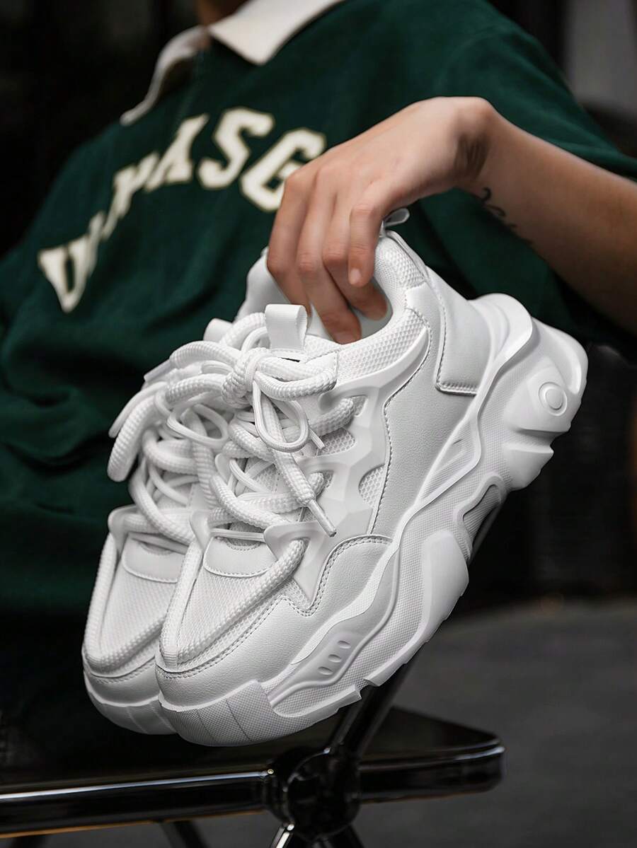 Men's Minimalist Pure White Thick Sole Height Increasing Sports Shoes Mesh Patchwork Front Lace-Up Casual Versatile Comfortable Chunky Sneakers