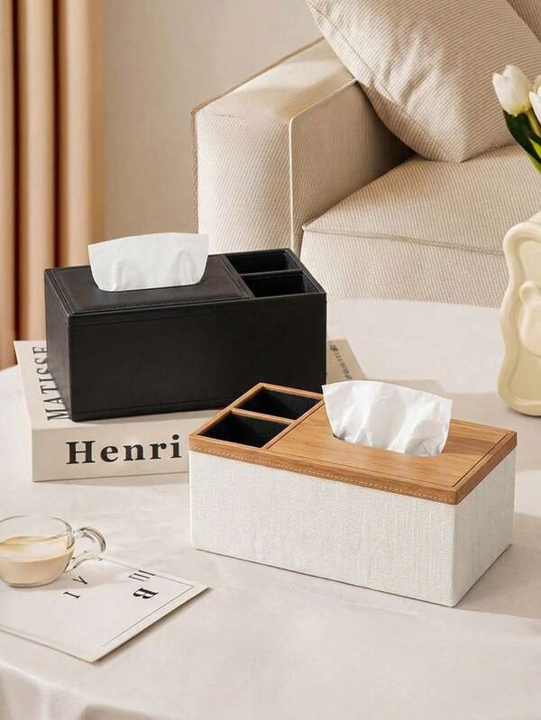 Premium PU Leather Tissue Box Cover, Linen Texture With Soft Sponge Lid, Luxurious Quality, Suitable For Living Room, Bedroom, Dining Room, Car, Home And Car Interior Desktop Tissue Storage And Protection Cover