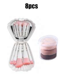 8pcs/1pc Mini Shell Portable Makeup Brush Set With Mirror, Shell Makeup Brush Set Non-Absorbent Concealer Highlighter Blending Brush, Mini Portable Storage Box, Soft Fluffy Makeup Brushes Smooth Application Convenient For Touch-Ups, Portable Makeup Kit Compact And Convenient Suitable For Business Trips, Travel, Office Or Outings. - Multicolor - View 10