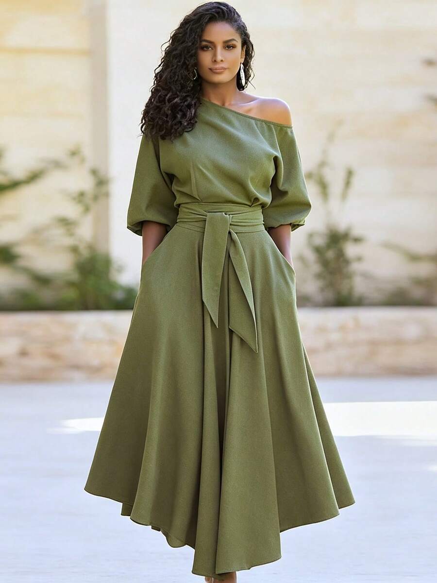 Vestido largo liso hombro asimétrico con lazos y cintura ajustada primavera 2026 - Verde - Ver 1