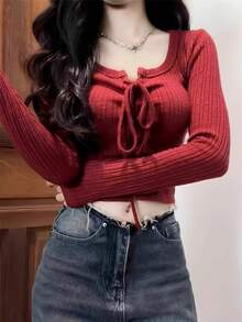 Sexy Autumn Sexy Drawstring Red Tight-Fitting Base Layer Top For Women, Design-Driven Innerwear - Red - View 4