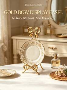 Golden Bow‑Shaped Metal Plate Display Stand Elegant Decorative Dish Easel Holder For Picture Photo Frame Book Desktop Cabinet Tabletop Home Ornament Housewarming Gift - Display Stand - View 2